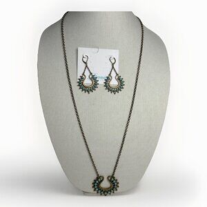NEW Premier Designs Lotus Long Bronze Tone Faux Turquoise Necklace & Earring Set